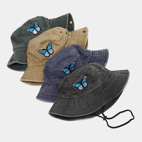 Bucket Hat Butterfly Embroidery Washed Cotton Sun Hat With Adjustable Windproof Rope Outdoor Retro Wide Brim For Women