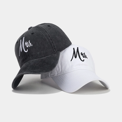 Casquette De Baseball En Coton Lavé Brodé Mr Mrs Mariage Couple Cadeau Rétro Réglable Visière Courbée