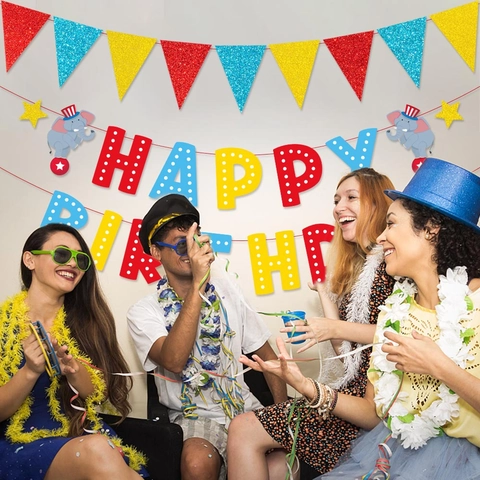 Tema Circo Pancarta Happy Birthday Papel Purpurina Banderines Triangulares Decoración De Fiesta Elefante Dibujos Animados Estilo Carnaval