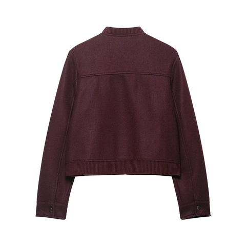 Chaqueta Bomber Corta De Lana Para Mujer Color Vino Tinto Abrigo Con Cremallera Y Bolsillos En El Pecho