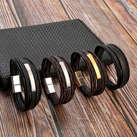 Bracelet En Cuir Tressé Multicouche Avec Plaque En Acier Inoxydable Fermoir Magnétique Alliage Bijoux Rétro Homme
