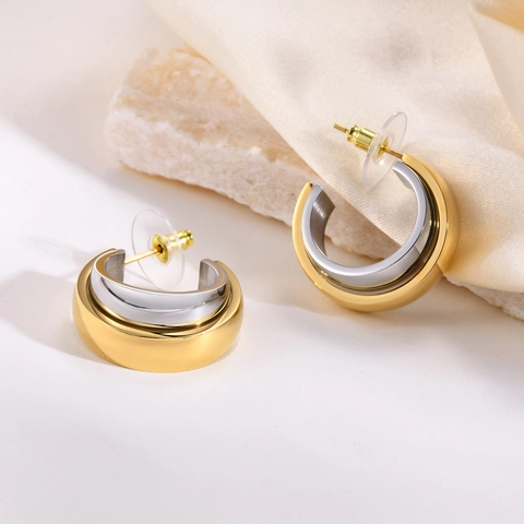 Bicolor Edelstahl Creolen Doppelt Überlappend C-Form Poliert Moderne Schmuck Für Frauen Trendy Streetwear