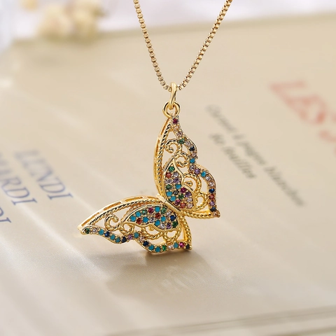 Collana Con Pendente Farfalla Albero Della Vita Rame Placcato Oro Con Zircone Colorato Gioielli Raffinati Per Donna