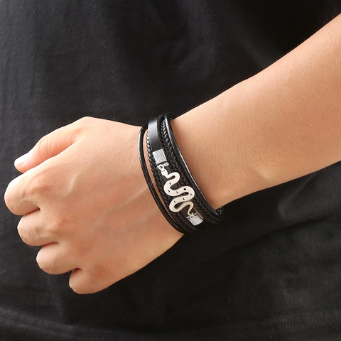 Bracciale Da Uomo In Pelle Intrecciata Multistrato E Acciaio Inossidabile Forma Di Serpente Con Chiusura Magnetica Gioielli Punk