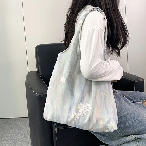 Borsa Tote In Tela Ricamata Donna Grande Capacità Fiori Farfalla Sfumatura Acquerello Borsa A Spalla Quotidiano