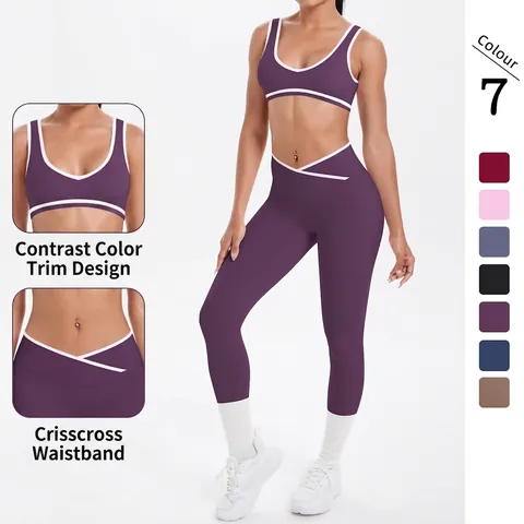 Women Yoga Outfits Breathable Nylon Spandex Fitness Running Contrast Binding Cross High Waist Sports Bra And Leggings