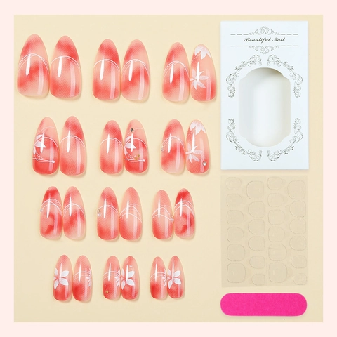 Almond Press On Nails Red Pink Gradient Marble White Floral Rhinestone Glossy False Fingernails Manicure Accessories