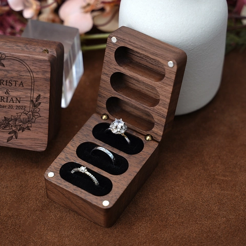 Walnut Wood Jewelry Ring Box With Velvet Lining Multi Slots Magnetic Portable Storage For Wedding Proposal Gift Natural