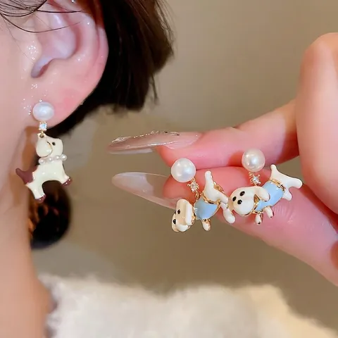 Pendientes Colgantes Perro Lindo Con Perla Artificial Circón Aleación Y Poste Plata Esterlina 925 Joyería Estilo Dulce Para Mujeres