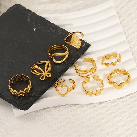 Bagues Ajustables En Acier Inoxydable Plaqué Or 18K Cœur Papillon Feuille De Ginkgo Bijoux Étanche Pour Femmes
