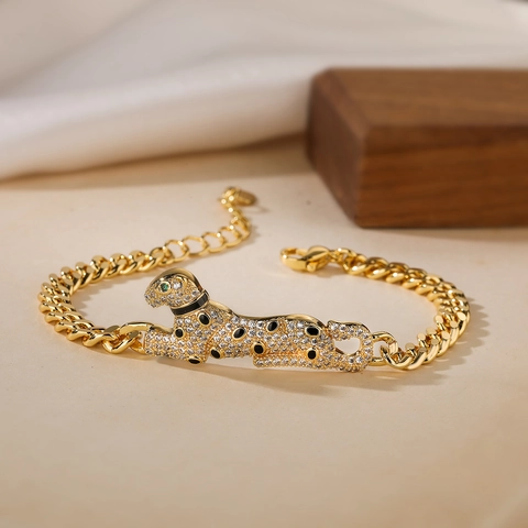 Bracciale Pantera In Rame Placcato Oro Zircone Bianco Verde Smalto Nero Catena A Maglia Cubana Donna Hip Hop
