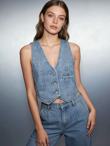 Veste En Jean Femme Sans Manches Col En V Court Gilet En Coton Style Vintage Décontracté Poches Boutonné