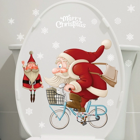 Christmas Santa Claus Riding Bike Toilet Lid Sticker PVC Removable Waterproof Bathroom Decal Festive Home Decoration
