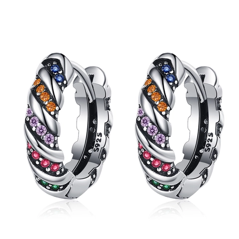 Orecchini a Cerchio Vintage in Rame con Zirconia Colorata e Trama a Torsione con Perno in Argento Sterling 925