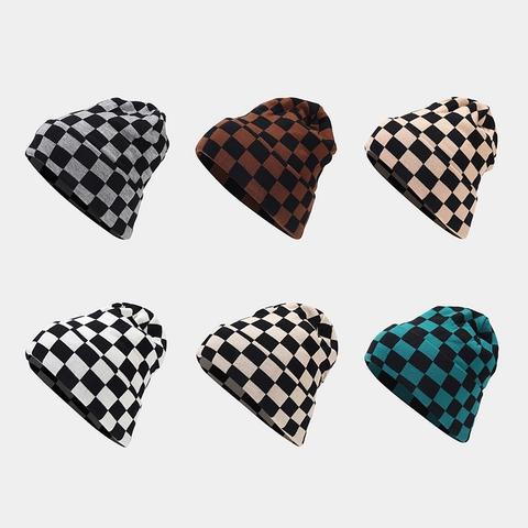 Checkered Knit Beanie Hat Thick Warm Acrylic Winter Outdoor Leisure Unisex Chessboard Pattern Soft