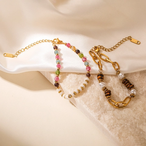 18K Vergulde Roestvrijstalen Kralen Armband Voor Dames Met Kunstparel En Tijgeroog Stenen Verstelbare Boho INS Sieraden