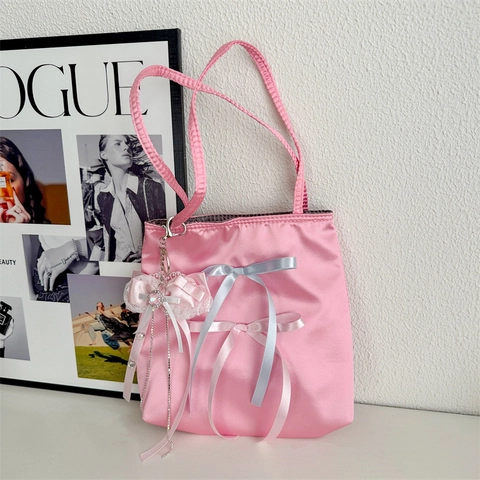 Satin Tote Tasche Mit Schleife Schleifenband Balletcore Stil Süßes Mädchen Große Kapazität Modische Handtasche