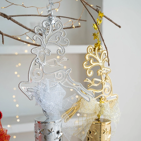 Decorazione Natalizia Appesa Renna Campanello Plastica Fiocco Glitter Nappa Perline Ornamento Festivo Casa