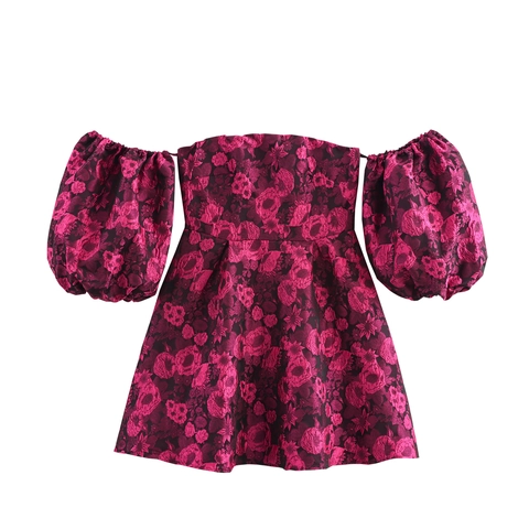 Off-The-Shoulder Puff Sleeve Mini Dress Floral Jacquard A-Line High Waist Sweet Style For Women