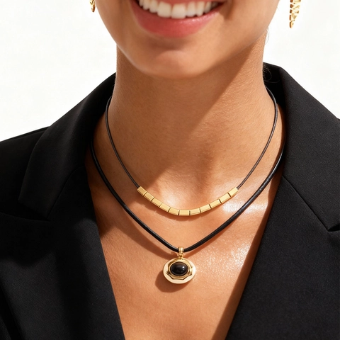 Double Layer Necklace Tiger Eye Pendant 18k Gold Plated Copper Geometric Vintage Jewelry For Women Elegant