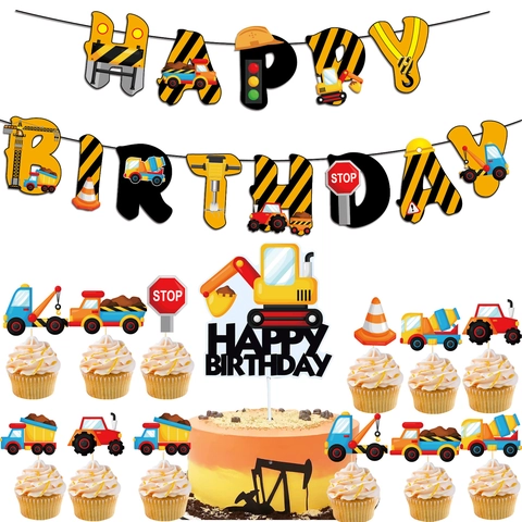 Decorazioni Per Feste Di Compleanno Con Escavatore Edile Striscione Di Carta Topper Per Torte Occhiali Per Bambini Ragazzi