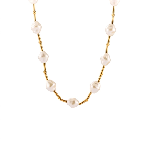 Collana da Donna in Acciaio al Titanio con Perla Artificiale Barocca Vintage Francese Catena a Clavicola con Cucitura di Perle Oro