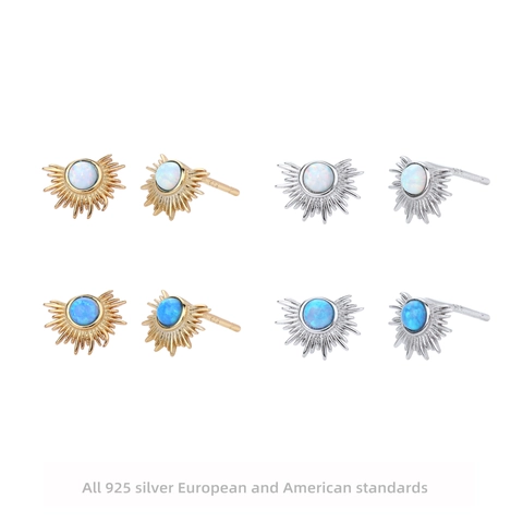 925 Sterling Silver Sun Ray Stud Earrings With Artificial Opal Rhinestone Electroplated Minimalist Vintage Sun Flower Jewelry For Women