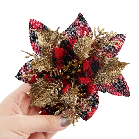 Künstliche Weihnachtsblumen Poinsettia Ornamente Buffalo Plaid Stoff Mit Glitzer Blättern Für Feiertagsbaum Dekoration