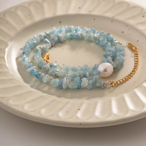 Collar De Perlas Artificiales Y Piedra Triturada Azul Claro Acero Inoxidable Estilo Natural Joyería Para Mujer Elegante