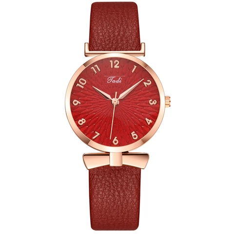 Women Fashion Quartz Watch Faux Leather Strap Wristwatch With Bowknot Accent Sunray Pattern Dial Casual Ladies Dress Watch