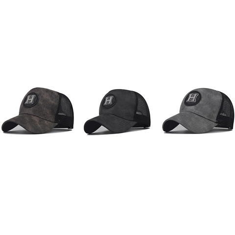 H Letter Patch Baseball Cap Washed Cotton Breathable Mesh Back Trucker Hat Retro Outdoor Sunshade For Men Women