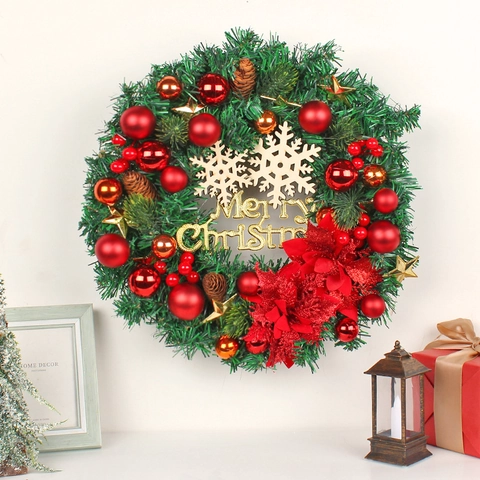 Christmas Wreath Artificial Pine Needles Red Balls Snowflake Wood Pine Cone Poinsettia Merry Christmas Sign Door Wall Hanging Decor