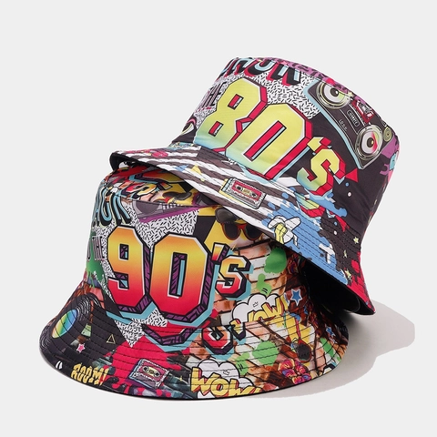 Retro 80s 90s Graffiti Printed Bucket Hat Polyester Double Sided Hip Hop Party Sunshade Wide Brim Fisherman Cap For Men Women