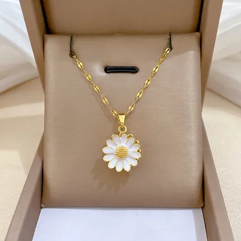 Daisy Sunflower Pendant Necklace Stainless Steel Chain Copper Cubic Zirconia Rotating Flower Elegant Jewelry For Women