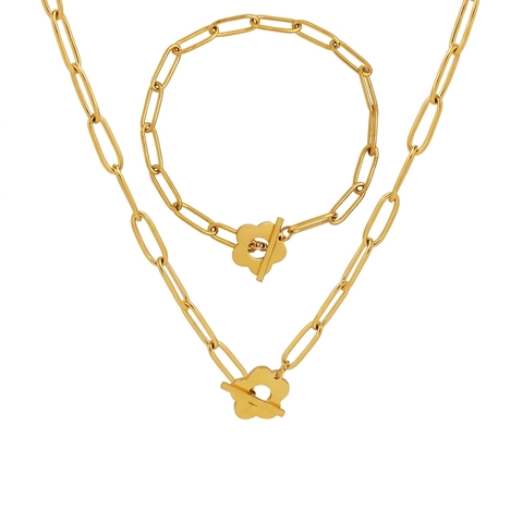 Collana E Bracciale In Acciaio Al Titanio Chiusura A Fiore Catena A Graffetta Gioielli Minimalisti Placcati Oro Per Donna