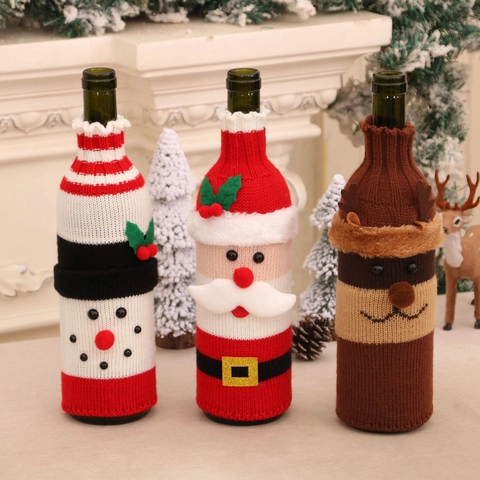 Christmas Wine Bottle Covers Knitted Santa Snowman Reindeer Holiday Festive Dining Table Ornament Decoration