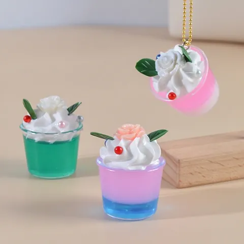 Miniature Simulation Ice Cream Cup Keychain Plastic Cream Flower Rose Artificial Pearl Sweet Bag Charm Pendant Cute Accessories