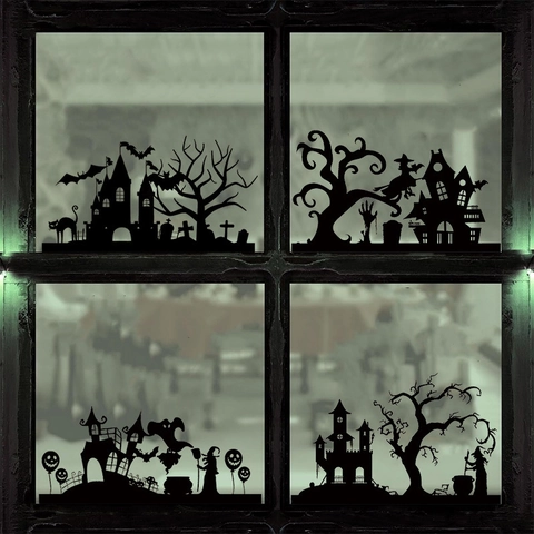 Halloween Wandaufkleber Fensterbilder PVC Selbstklebend Silhouette Fledermaus Schloss Hexe Kürbis Festliche Heimdekoration
