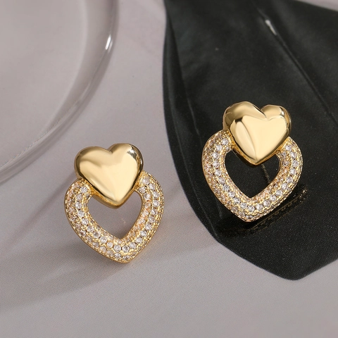 Orecchini Cuore Rame Placcato Oro Reale Zircone Perla Artificial Sintetica Doppio Strato Cavo Gioielli Pendolari Per Donna