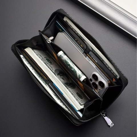 Herren Geldbörse Lang Kohlefaser Muster PU Leder RFID Schutz Clutch Tasche Mit Handschlaufe Business Casual Große Kapazität