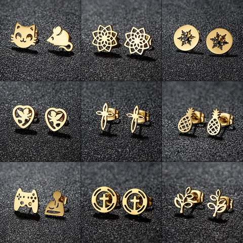 Boucles Oreilles Puces Acier Inoxydable Femmes Évidé Flocon Neige Cœur Croix Ananas Chat Souris Manette De Jeu