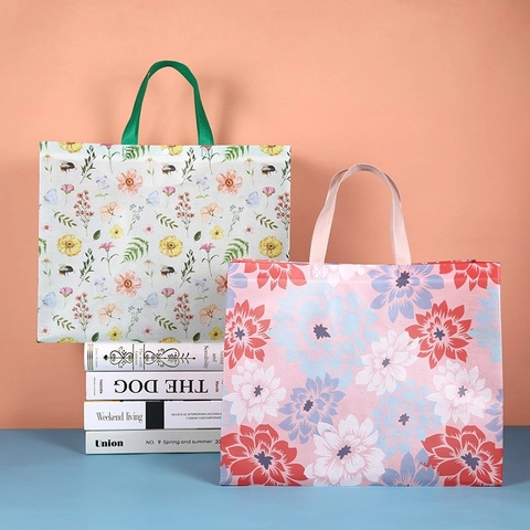 Reusable Tote Gift Bags Large Laminated Non Woven Shopping Bag With Snap Button Waterproof Floral Macaron Leopard Print