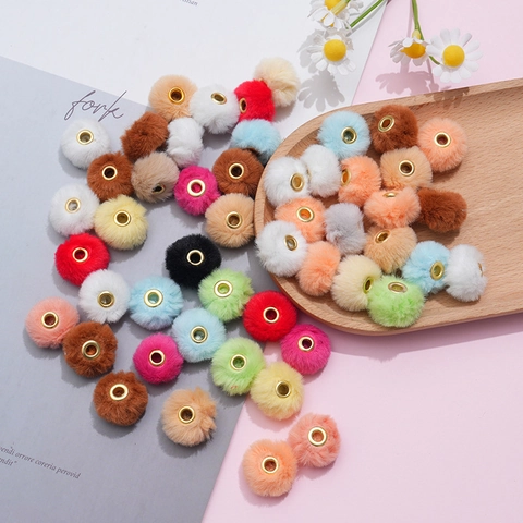 Soft Faux Rabbit Fur Pompom Beads With Metal Eyelet Center For Jewelry Making DIY Crafts Colorful Fluffy Spacer Beads