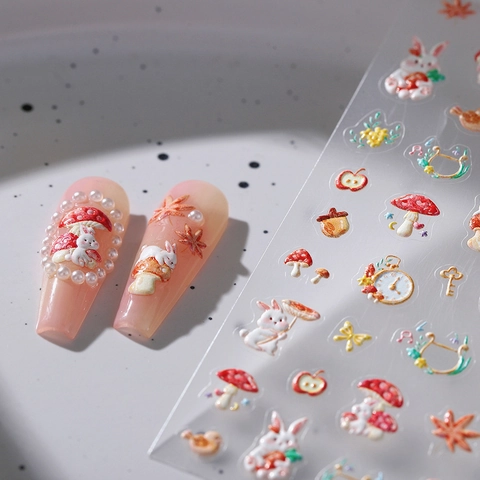 3D Relief Nail Art Stickers Forest Rabbit Mushroom Pattern Self Adhesive DIY Decals Ultra Thin Waterproof Manicure Decoration