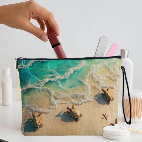 Trousse De Maquillage Imprimé Tortue De Mer Pochette Cosmétique Imitation Lin Fermeture Éclair Poignée Style Plage