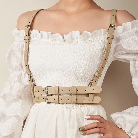 Cinturón Corsé Con Tirantes Punk Gótico Para Mujer Arnés De Cuerpo De Cuero Sintético Con Hebilla De Metal Y Remaches