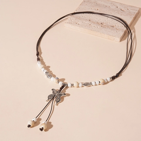 Collana Con Pendente A Farfalla Boema Vintage In Ceramica Con Perline Catena Lunga Per Maglione In Corda Intrecciata Da Donna