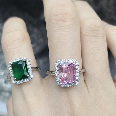 Verstelbare Open Ring Halo Rechthoekige Edelsteen Smaragd Slijpvorm Groen Roze Verzilverde Legering Vintage Luxe Sieraden Voor Dames