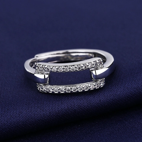 Anillo Abierto de Doble Capa de Cobre y Circonia de Lujo Ajustable Minimalista Estilo Coreano Joyería de Dedo Color Oro Blanco para Mujer