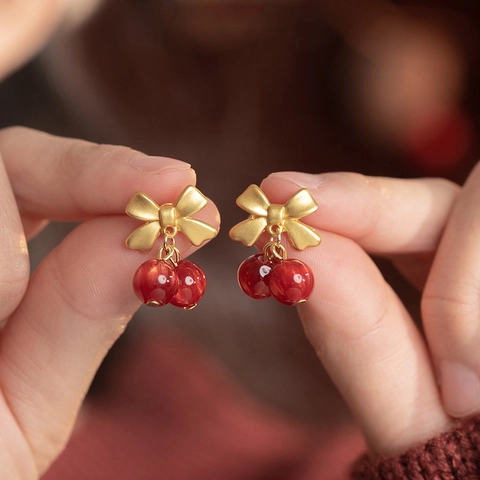 Schleife Kirsche Ohrstecker Mit Silbernem Ohrstecker Harz Rote Perlen Retro Elegant Süß Mode Schmuck Für Damen